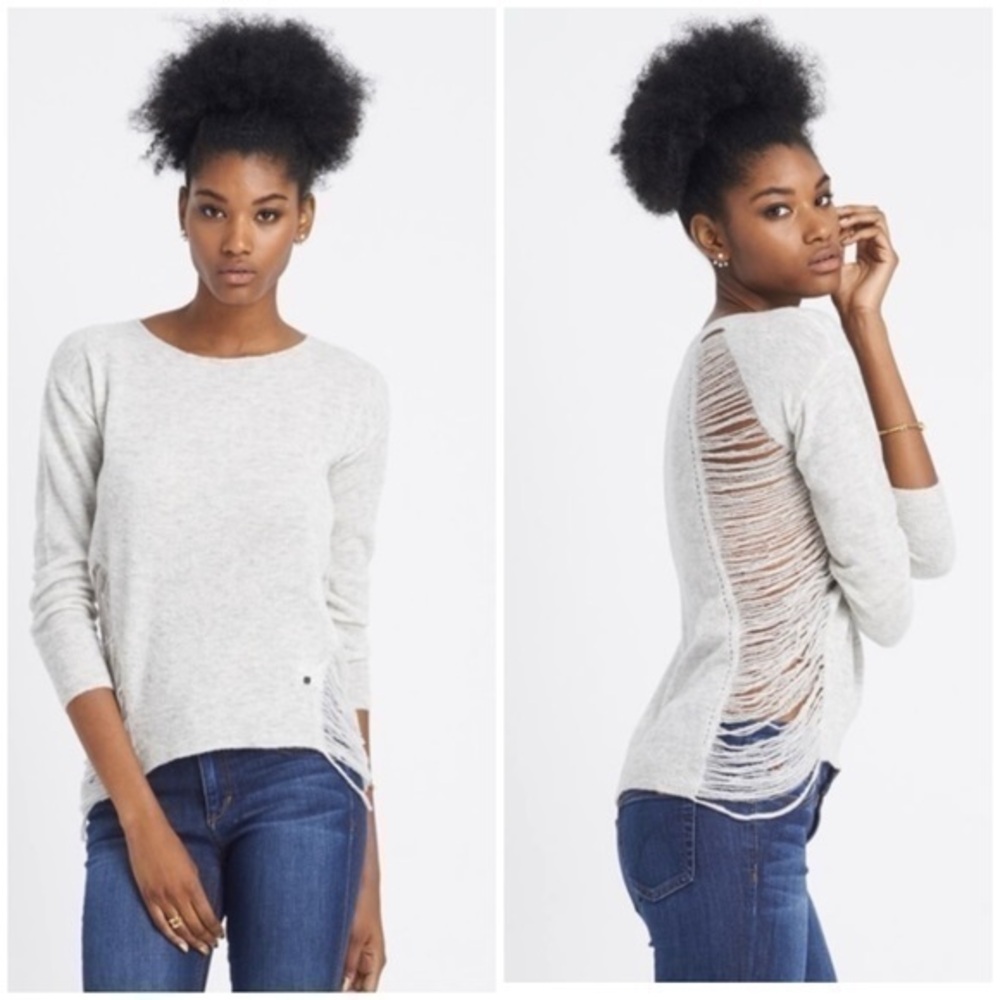 One Grey Day 100% Wool Distressed Scoop Neck Space Dyed Sweater in Gray Womens S